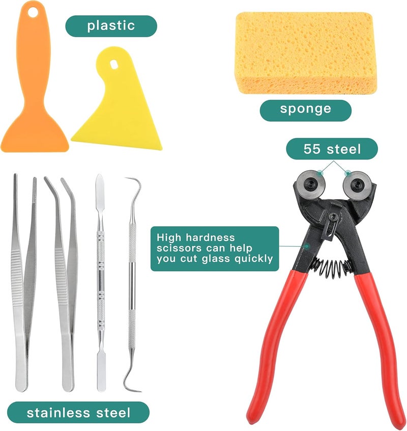 Worldity 19 Pcs Mosaic Tools Kit, Heavy Duty Glass Mosaic Cut Nippers and Tile Nippers, Professional Stained Glass Cutter Tool for Cutting Glass Mosaic, Ceramics - Image 4